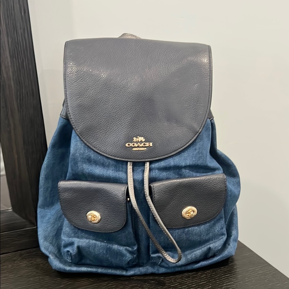 Lightly used denim Coach Blue and Gray Backpack